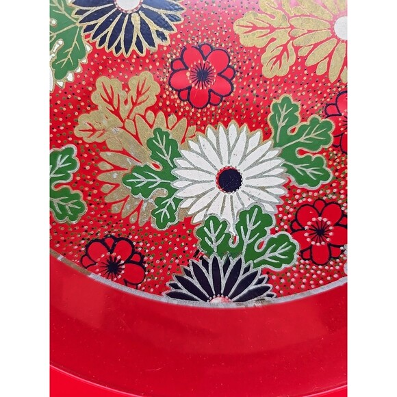 Vintage Round Red Lacquer Plastic Serving Tray Boho Flowers - Picture 10 of 11